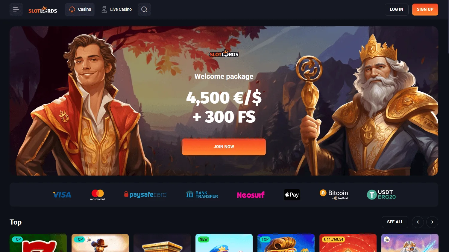 Slotlords Casino desktop lobby with pokies, table games and live casino categories