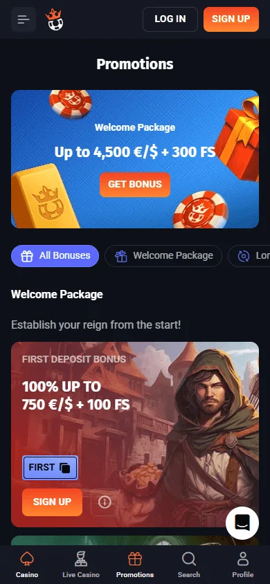 Slotlords Casino mobile promotions area with deposit and casino offers