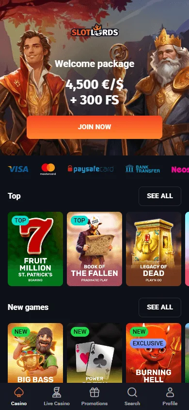 Slotlords Casino mobile lobby on a smartphone with casino games and categories