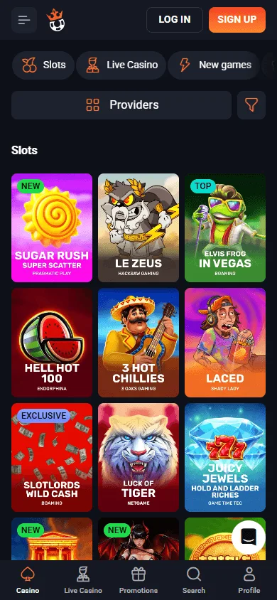 Slotlords Casino mobile game selection with pokies and other casino formats