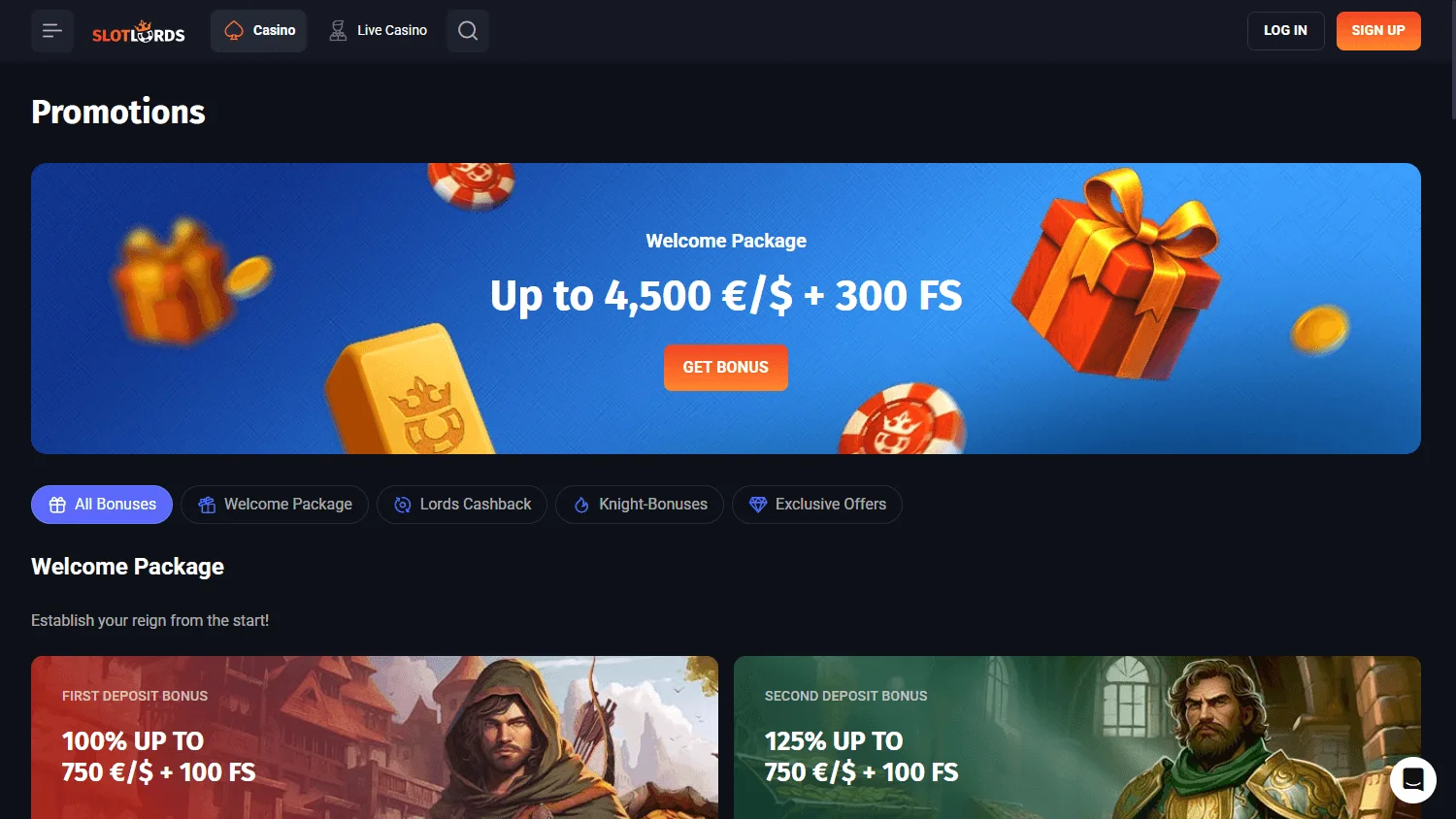 Slotlords Casino desktop promotions area with welcome and deposit offers