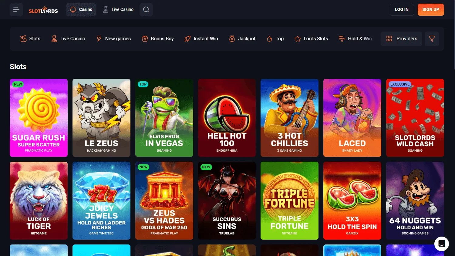 Slotlords Casino desktop game selection with featured pokies and casino titles